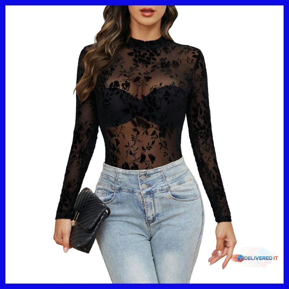 Long Sleeve Mock Neck Mesh Top Sheer Floral Tee Women's S-XXL